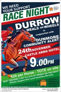 Poster for a Race Night in aid of Meals on Wheels will be held in The Castle Arms Hotel on Friday, November 24th 2023 at 9pm. Best Dressed Lady (Prize €200, sponsored by Cllr. Ollie Clooney) and lots of other Prizes on the Night! €20 per horse with TOTE on site.