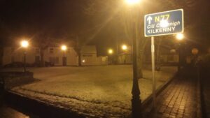 Fog, frost and a light dusting of snow on the small Green in Durrow where Chapel Street meets Mary Street.