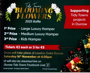 Poster promoting the Durrow Tidy Towns Blooming Flowers Raffle with a list of prizes.